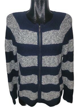 L.L.Bean Navy And White Striped Knit  Zip-Up Cardigan Sweater Size L